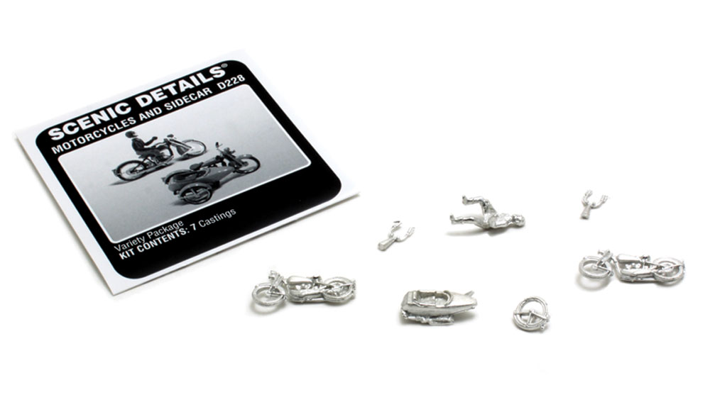 Motorcycles and Sidecar HO Scale Kit - These sporty motorcycles will look great sitting in front of a Mom and Pop hangout