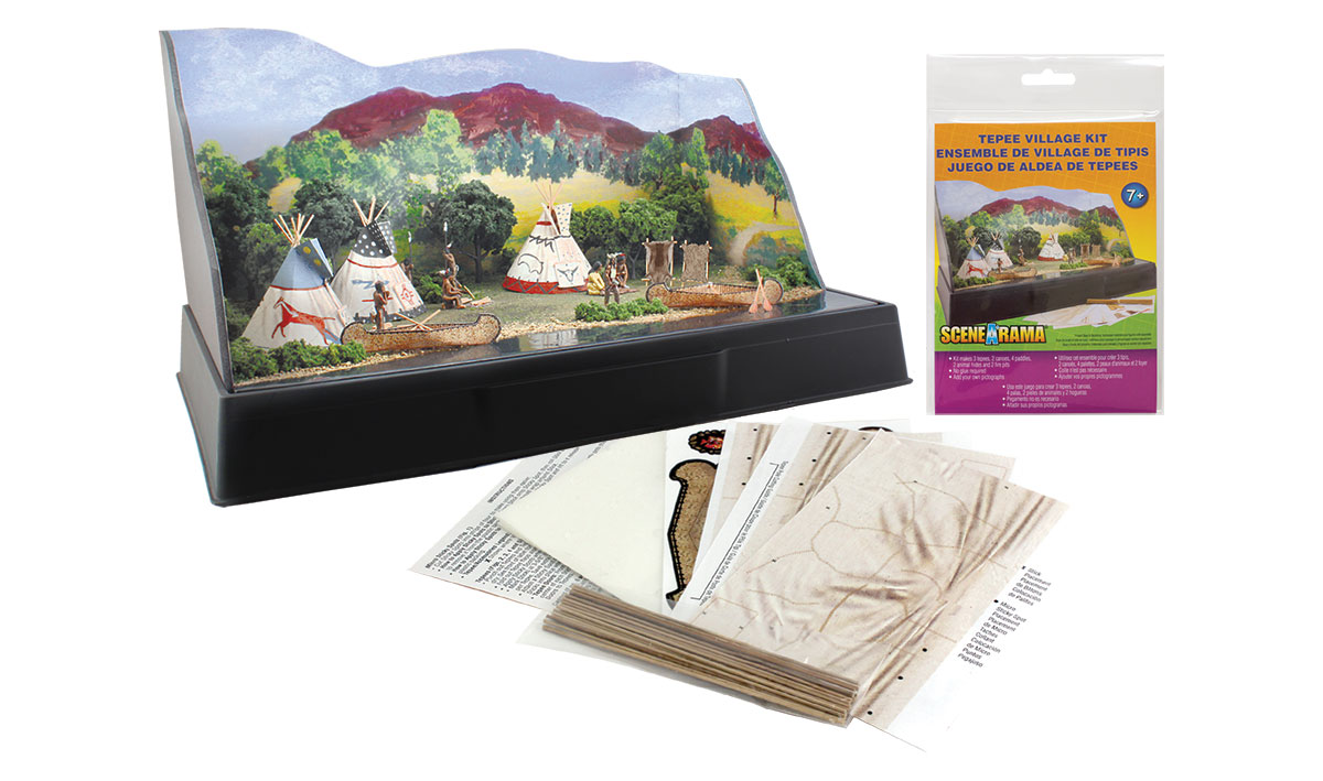 Tepee Village Kit - Pre-cut graphics and materials to make tepees, canoes with paddles, stretched animal hides and fire pits