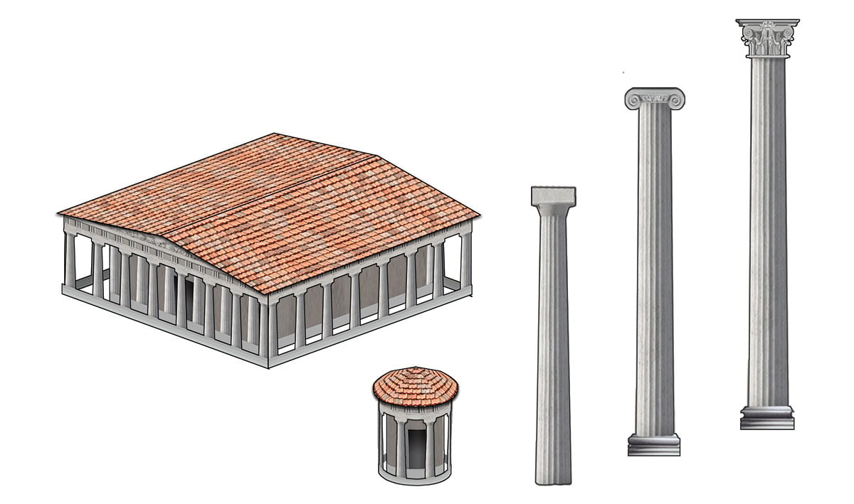 Ancient Architecture Kit - Pre-cut graphics and materials to make a large, rectangular Greek temple and a small, round Greek temple