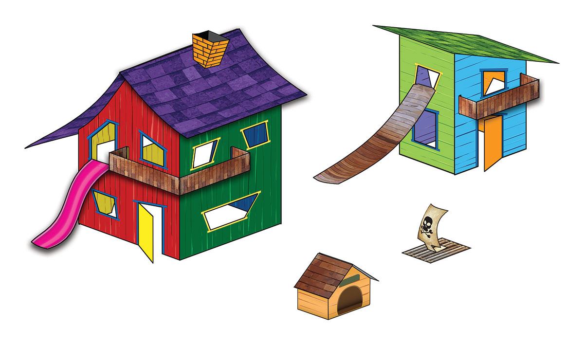 Playhouse Kit - Pre-cut graphics and materials to make a large playhouse with a slide, a small playhouse and a connecting bridge between the two playhouses, a dog house, and a pirate raft