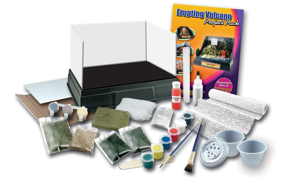 Erupting Volcano Project Pack<sup>™</sup> - Use your imagination, plus trees, bushes and eruption mixture for an explosion of fun! Make a cinder cone, caldera, cutaway or active island volcano!
Suggested tools for building: straightedge, scissors and hobby knife