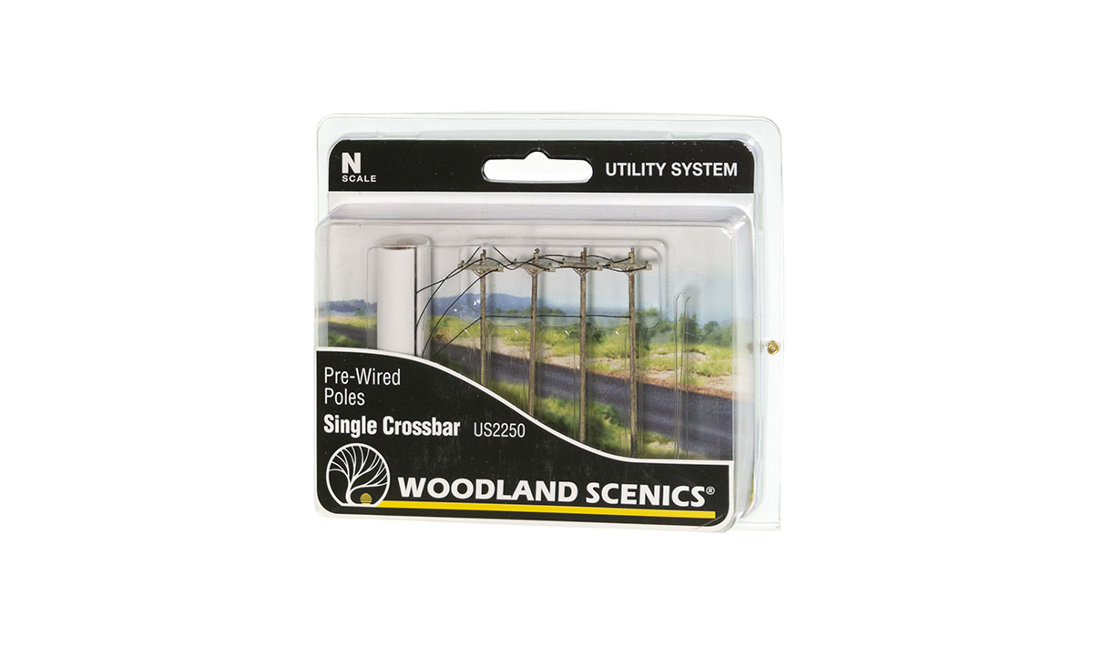 Pre-Wired Poles - Single Crossbar - N Scale - Place N Scale Single Crossbar Pre-Wired Poles down city streets to model power poles and give your layout an added layer of realism in minutes