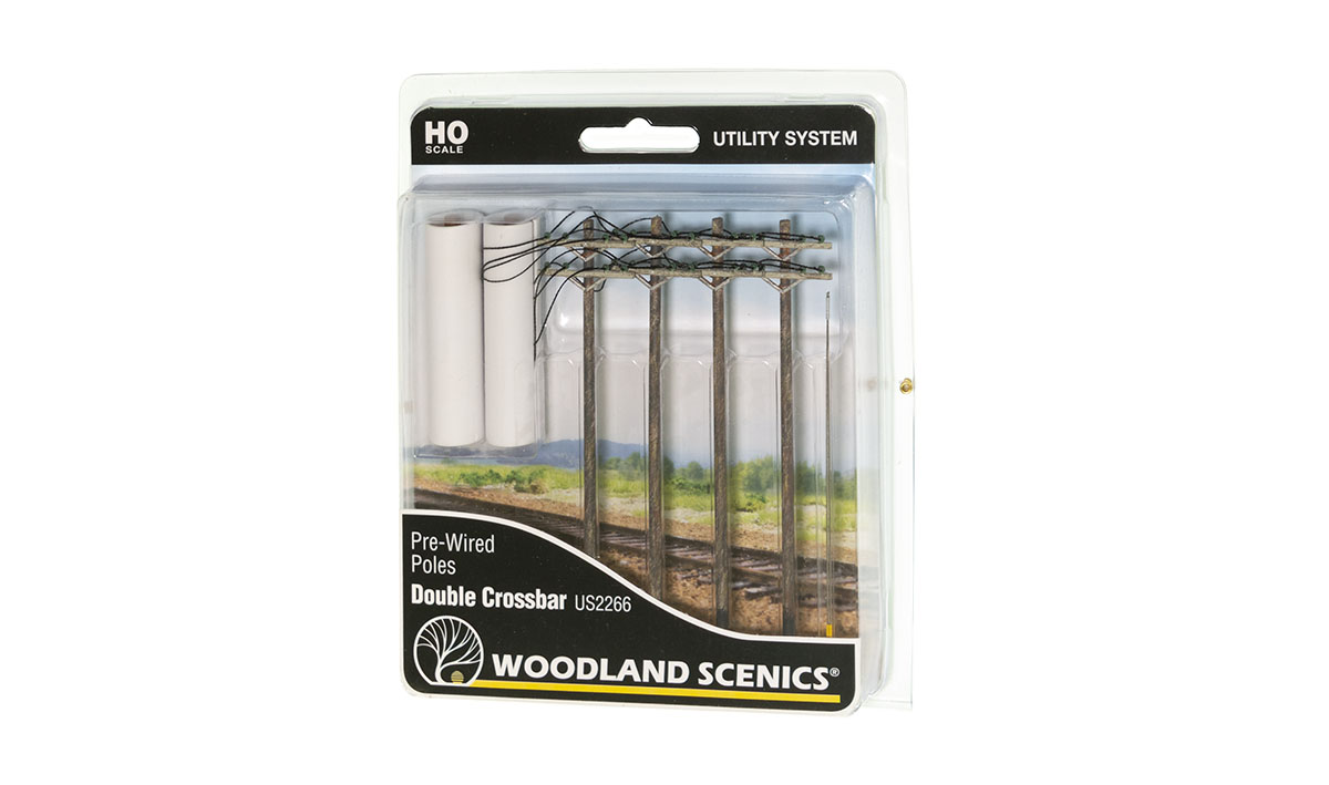 Pre-Wired Poles - Double Crossbar - HO Scale - Line HO Scale Double Crossbar Pre-Wired Poles alongside railroad tracks to model telephone poles used for communication on the railroad